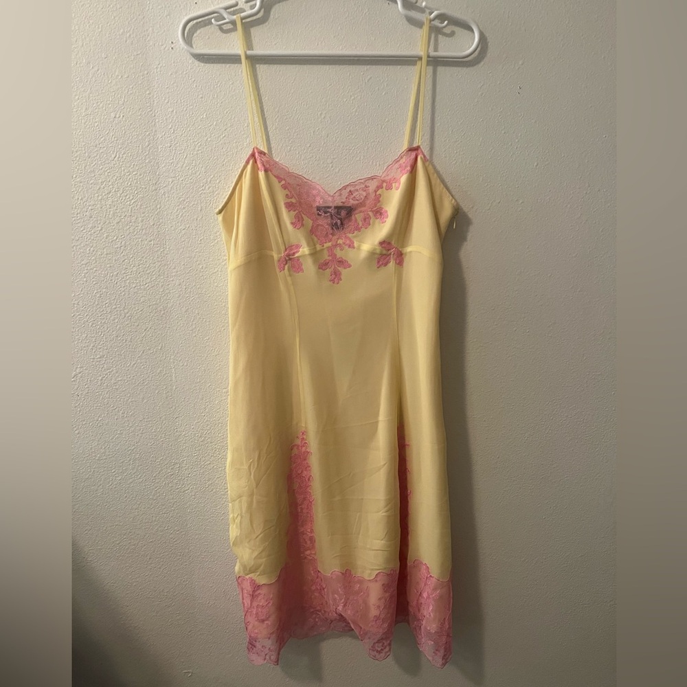Vintage Betsey Johnson Bubblegum Lace Yellow Silk Slip Dress